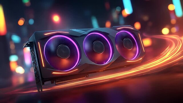 Futuristic graphic card with lightning animation video, Neon Trinity GPU, Gaming gpu 4k animaton video