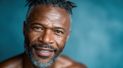 A distinguished older man showcases a warm smile, radiating joy and confidence in a captivating portrait set against a soft blue background, reflecting both wisdom and life experiences.