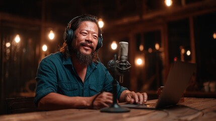 A content podcaster enjoys sharing engaging stories with an audience in a cozy, rustic setting illuminated by warm lights, capturing the essence of creativity and connection.