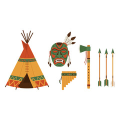 Native American artifacts set including tipi mask and arrows. © progoz