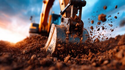 A powerful excavator in motion, showcasing its massive bucket digging into the earth, representing the crucial role of machinery in modern construction and landscape transformation.