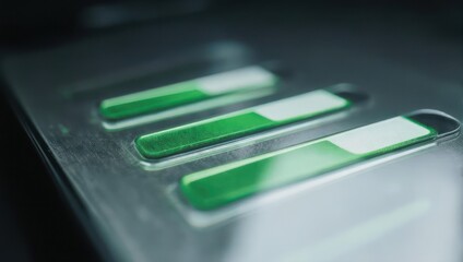 Close-up of three green progress bars on a metallic surface, indicating data loading or system status.
