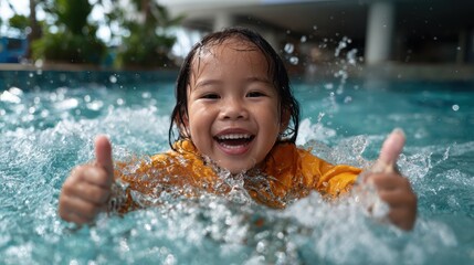 A joyful child wearing an orange float suit swims playfully in a clear swimming pool, embodying the carefree spirit of childhood and the joy of water play during summer.