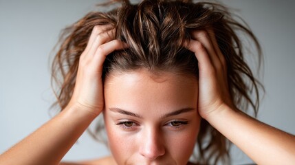Naklejka premium A young woman shows signs of stress and anxiety, clutching her head with both hands, emphasizing the emotional toll and mental strain in a simple, neutral backdrop.