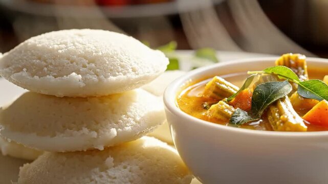 Steaming south indian idli served with sambar in a white bowl, traditional breakfast dish closeup