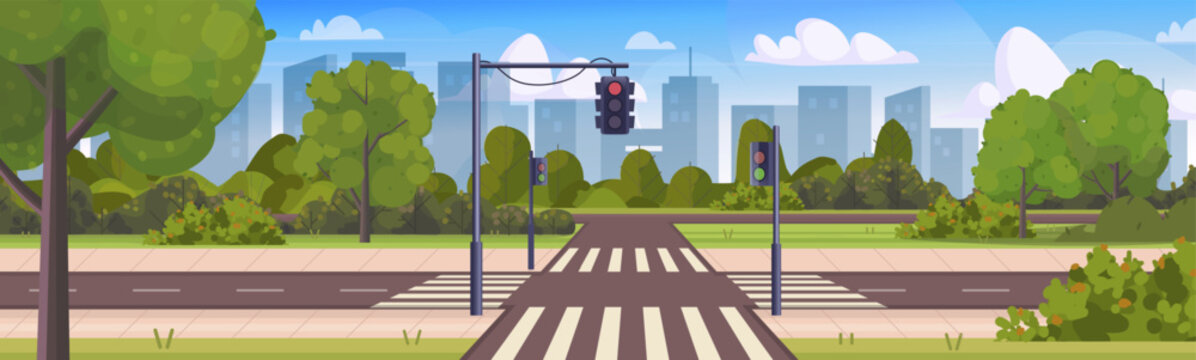 An empty urban intersection featuring a crosswalk and traffic light, surrounded by modern buildings, trees, bushes, and a cloudy sky. A wide landscape view of a quiet city crossing. Vector 