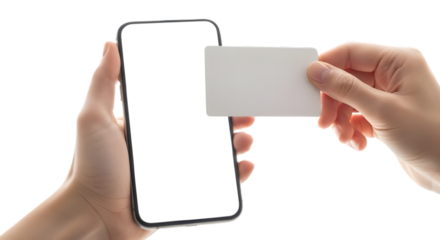 Hand holding blank smartphone screen for digital interface design isolated on transparent background