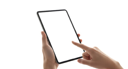 Hand holding a blank digital tablet device for interaction isolated on transparent background