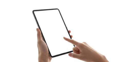 Hand holding a blank digital tablet device for interaction isolated on transparent background
