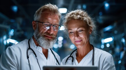 Two proud medical professionals are seen together, analyzing patient data on a tablet, representing teamwork, compassion, and the dedication of healthcare professionals in a clinical setting.
