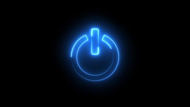 Neon blue color power button sign icon animation switch startup neon screen turn on off button computer and mobile phone technology closed shutdown icon with black background