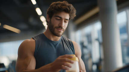 A fitness enthusiast scooping powdered supplements into a shaker bottle beside gym equipment, pre-workout energy and performance nutrition captured in a dynamic action moment. cinematic color