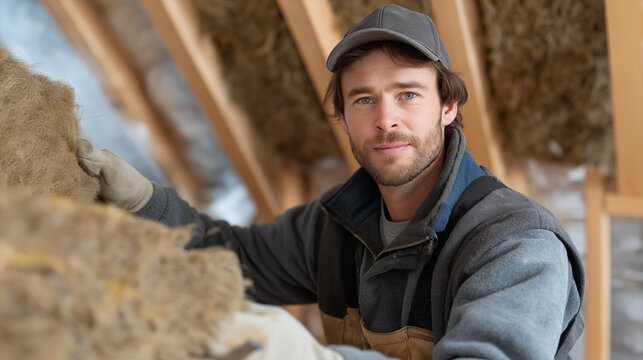 A contractor installing dense mineral wool insulation inside wall cavities, demonstrating the behind-the-scenes craftsmanship required for high-performance residential soundproofing. cinematic