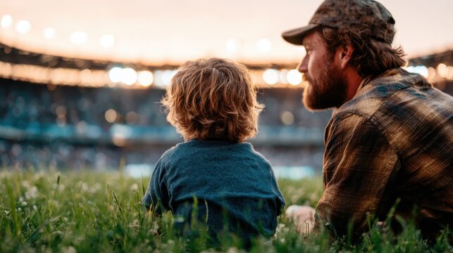 This heartwarming image portrays a father and son sitting closely together on the grass at a baseball game, beautifully illustrating the bond between generations and love.