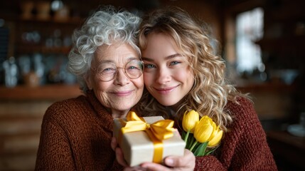 A heartwarming scene of a grandmother and her granddaughter sharing a joyful moment while holding a gift and a bouquet of yellow tulips in a cozy setting.