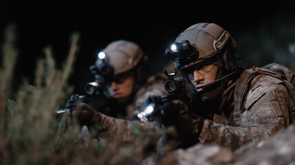 A military unit coordinating movements using silent hand signals during a low-light drill, infrared goggles glowing faintly in the dark — tactical communication, covert operations, and disciplined