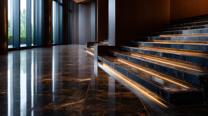 Obraz premium This image showcases an elegant modern interior space featuring luxurious marble stairs illuminated by soft lighting, creating a sophisticated ambiance.