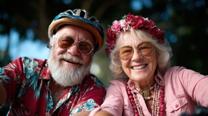 An elderly couple shares a joyful moment wearing floral accessories, showcasing vitality and joy in their lives as they embark on a cheerful biking adventure.