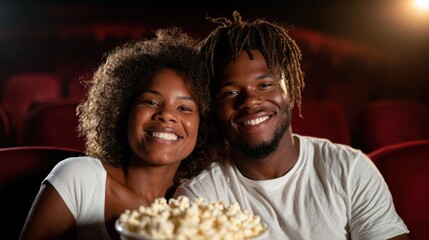A pair of friends shares a joyful moment at a movie theater, highlighting the excitement of sharing experiences together over popcorn in the darkened hall.