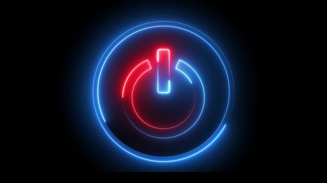 Neon red blue color power button sign icon animation switch startup neon screen turn on off button computer and mobile phone technology closed shutdown icon with black background