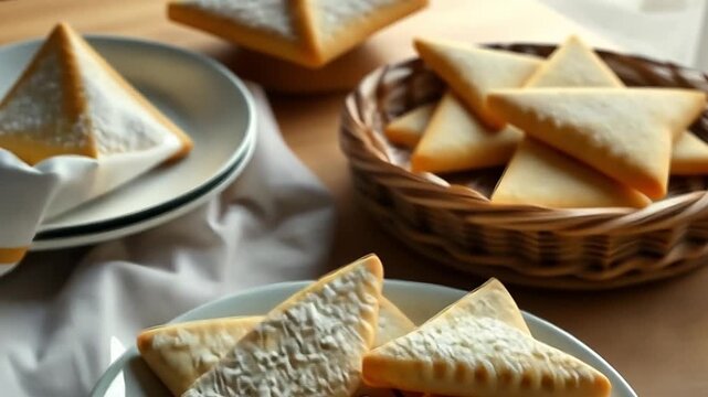 Homemade triangle-shaped cookies dusted with powdered sugar. Freshly baked shortbread on a plate. Delicious dessert and baking concept