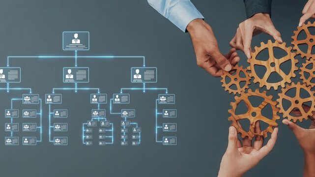 Two hands grip wooden gears above a stylized organizational chart filled with digital avatars, representing collaboration and strategic planning in modern business environments. Raster