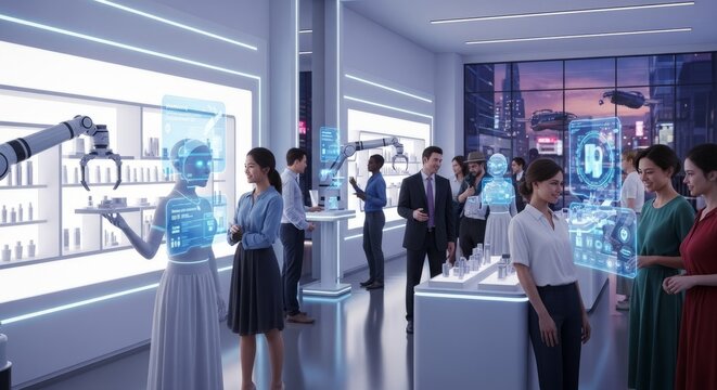 Women and robot in modern beauty store with robotic arms performing tasks. Future retail experience and artificial intelligence in cosmetic shop.