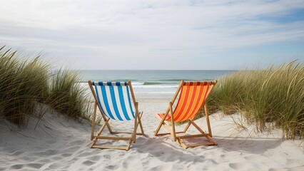 Two colorful beach chairs on sandy beach with sea view providing relaxing vacation experience seaside