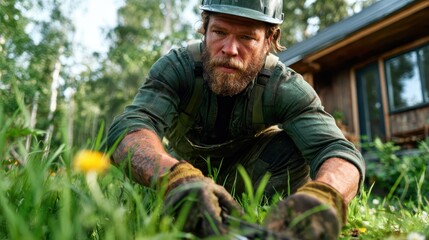 Fototapeta premium The image features a focused man carefully pruning grass in a verdant garden, illustrating dedication to gardening and the nurturing beauty of nature in a serene environment.