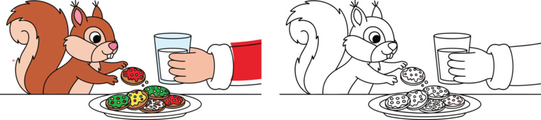 Cute Cartoon Squirrel and Santas Hand with Christmas Cookies and Milk Festive Holiday Illustration