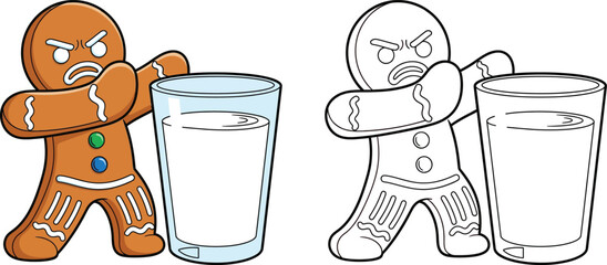 Angry Gingerbread Man Protecting a Glass of Milk Humorous Christmas Cartoon Vector Illustration