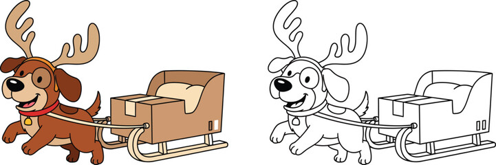  Happy Cartoon Dog with Reindeer Antlers Pulling a Christmas Sleigh with Gift Boxes Festive Vector Illustration