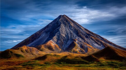 Obraz premium Majestic Volcanic Mountain Cone with a Perfect Snow Cap Against a Dramatic Blue Sky