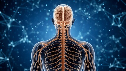 Human nervous system with brain anatomy and neural network on blue abstract background