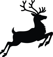 Silhouette of Reindeer or Stag Jumping with Large Antlers Black Vector Illustration for Christmas, Holiday, Winter, Hunting, and Wildlife Designs