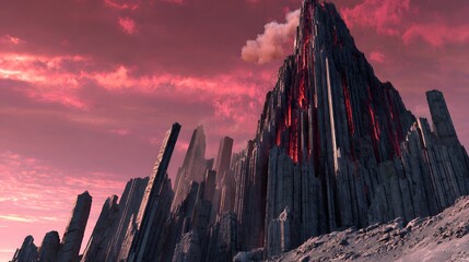 Towering basalt columns creating a dramatic, jagged cliff face under a vibrant, fiery sunset sky.