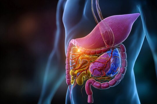 Human digestive system showing organs and blood vessels in detailed view during an educational display for students