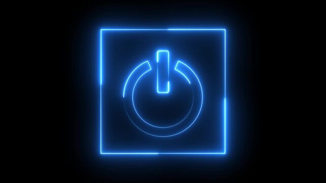 Neon blue color power button sign icon animation switch startup neon screen turn on off button computer and mobile phone technology closed shutdown icon with black background