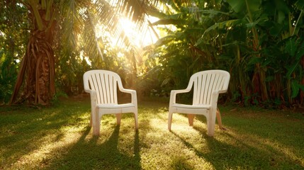 Obraz premium Two white plastic chairs bathed in sunlight sit peacefully in a lush green garden, inviting relaxation and contemplation in a serene natural environment.