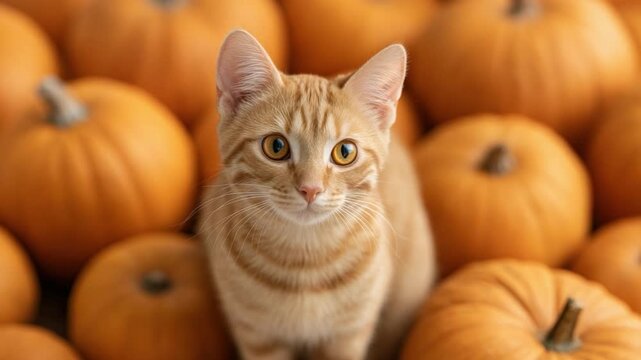 Cute ginger cat sitting among vibrant orange pumpkins in autumn harvest setting, perfect for seasonal and festive themes 4k video footage