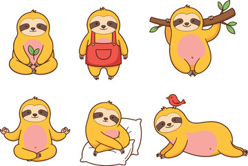 A Cute Vector Set of Yellow Sloth Characters in Relaxing Poses, Including Meditation, Resting on a Pillow, and Yoga, for Wellness and Mindfulness Designs.