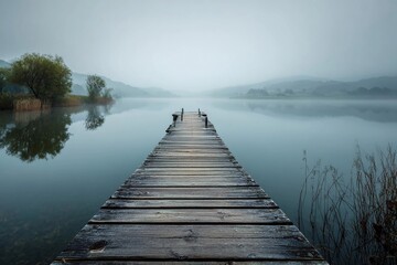 Fototapeta premium Fog covers a wooden dock at a lake in the early morning hours with trees along the shore