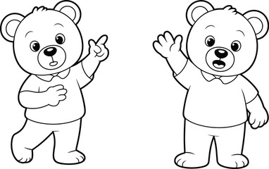 Set of Two Simple Black and White Vector Bear Characters, Posing and Waving, Ideal for Coloring Pages, Children's Books, or Mascot Design.