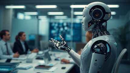 Fototapeta premium Advanced humanoid robot presenting in a modern boardroom with blurred colleagues in background