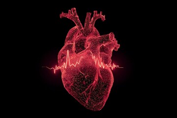 Digital heart model with a red pulse line showing activity during a health graphic display