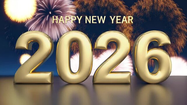 Golden 3d numbers 2026 with happy new year text and fireworks in the background