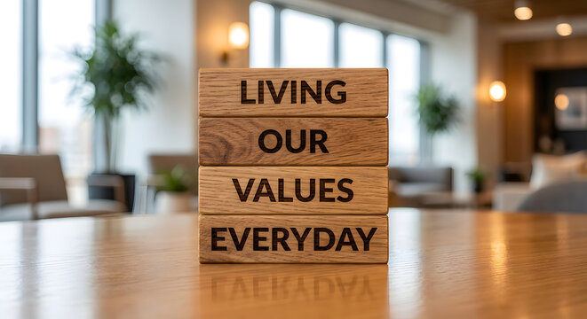 Inspirational Wooden Blocks with Engraved Words 'Living Our Values Everyday' for Motivational Decor