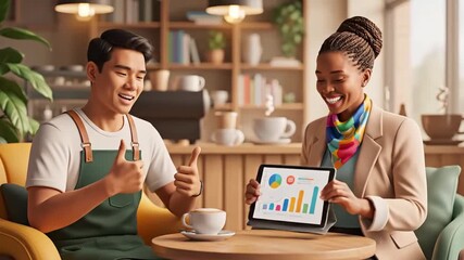 Engaging Coffee Shop Conversation Between Two Diverse Colleagues Sharing Ideas and Excitement - Powered by Adobe