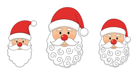 Festive santa claus faces in red hats with white beards on a white background