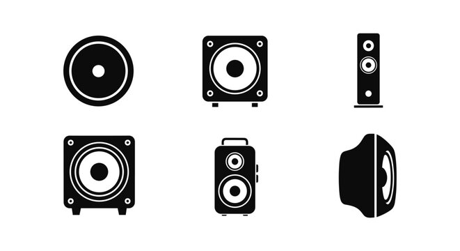 Silhouette speaker icons set: audio equipment illustrations in black and white